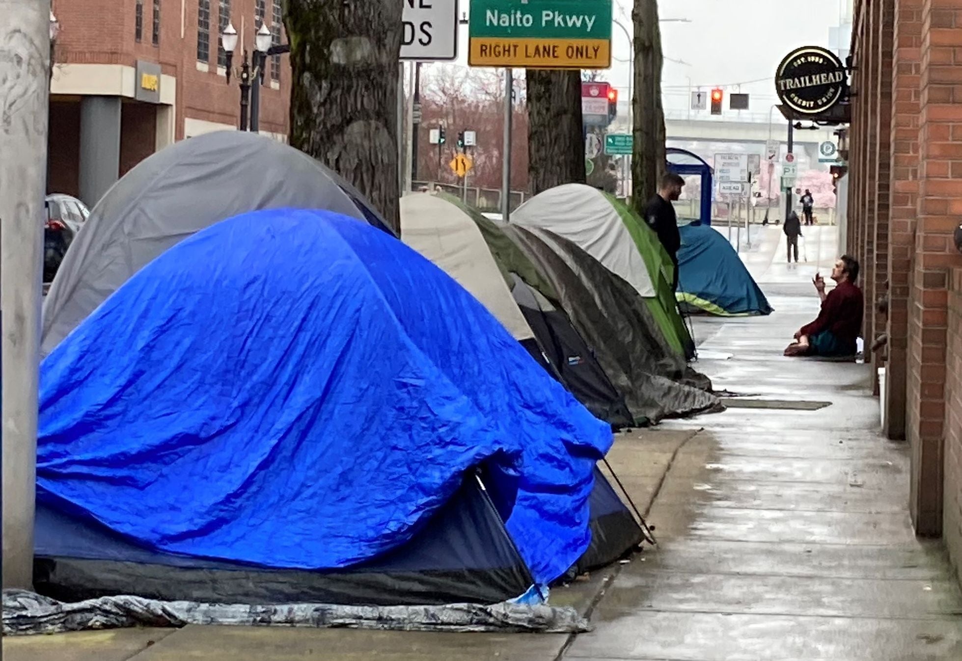 Tents line the entirety of some city blocks in Portland's Old Town on March 23, 2022.