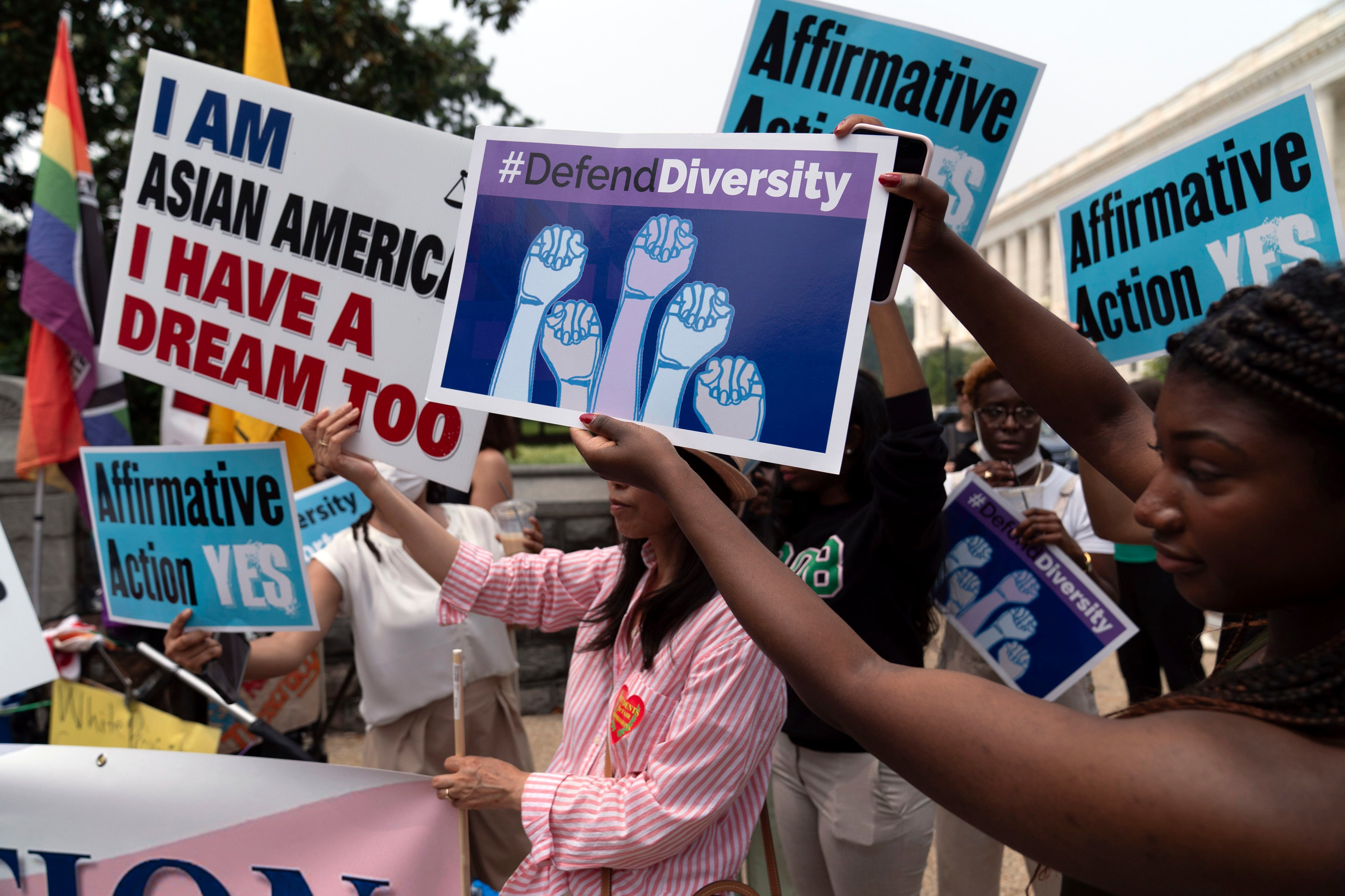 FILE - Demonstrators protest outside of the Supreme Court in Washington, in this June 29, 2023 file photo, after the Supreme Court struck down affirmative action in college admissions, saying race cannot be a factor.