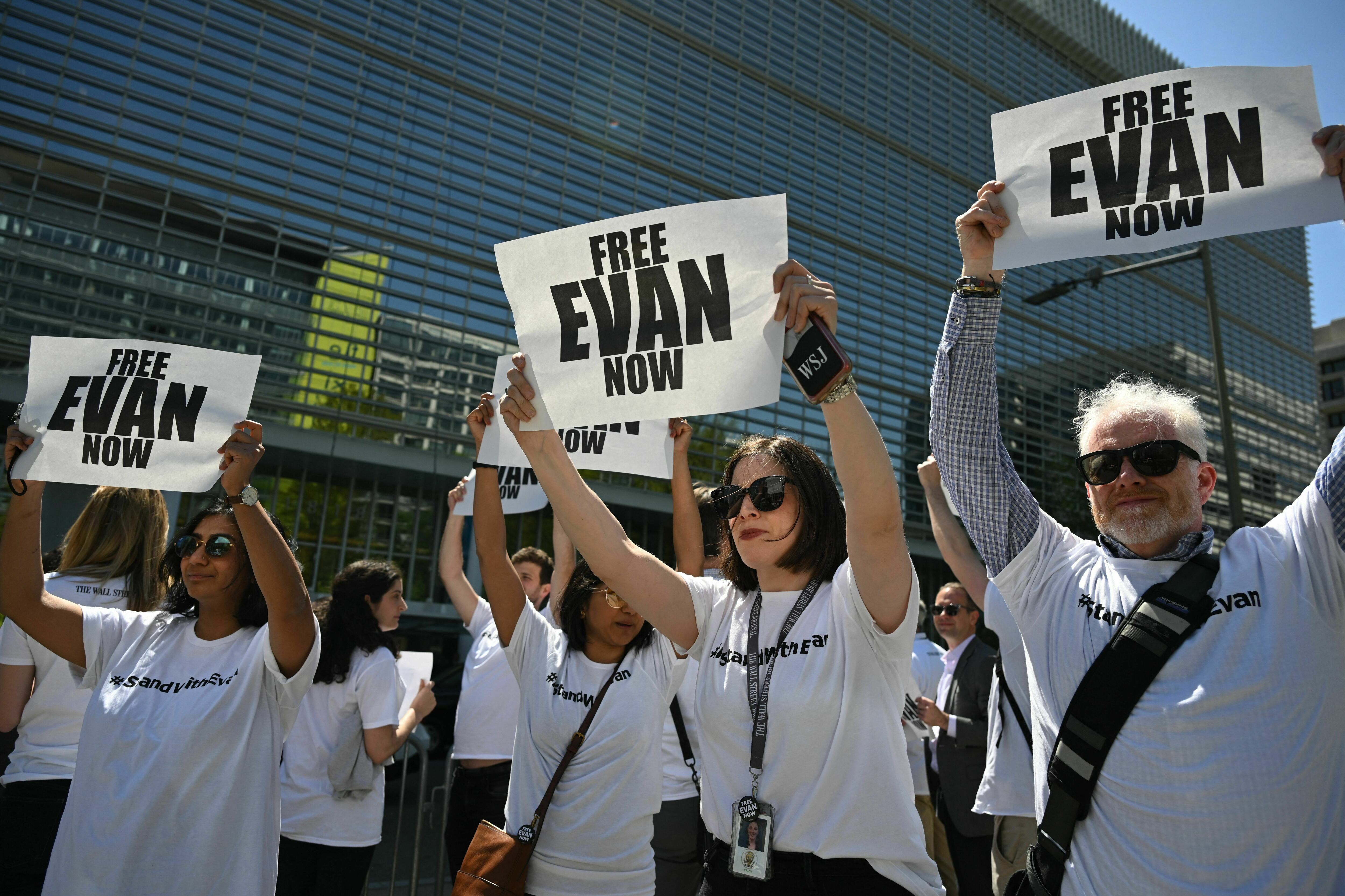 The Independent Association of Publishers' Employees and Wall Street Journal journalists rally in Washington, D.C., on April 12, 2023, calling for the release of reporter Evan Gershkovich, who has been held in Russia since March 29, 2023.