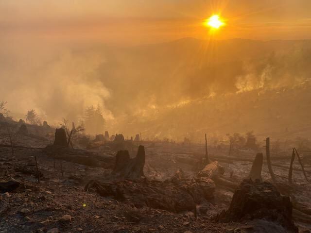 The sun sets over charred forest remains as the Nakia Creek Fire grows on Larch Mountain in Clark County, Washington, on Oct. 12, 2022.