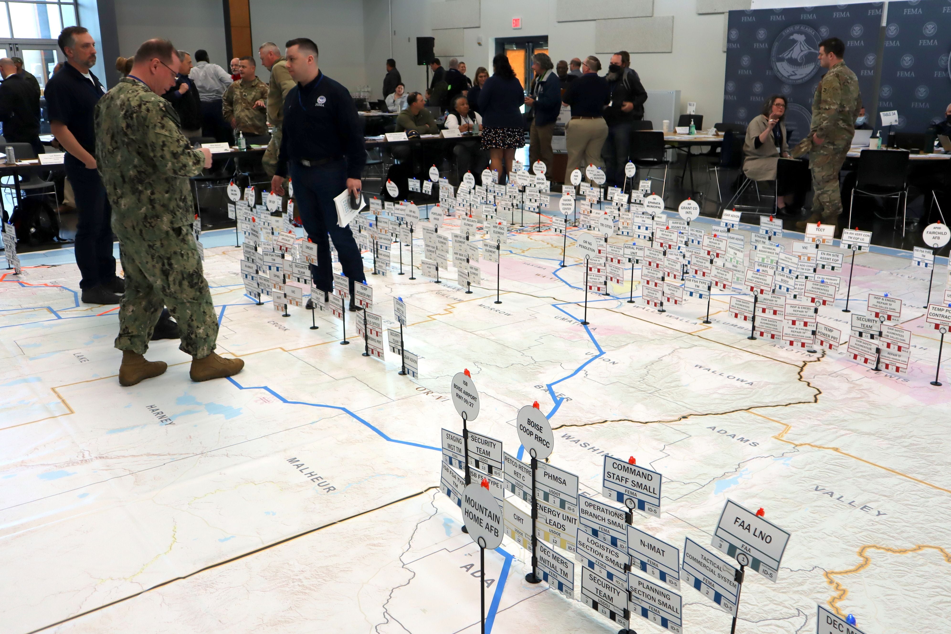 Emergency planners could move pins representing earthquake response resources during an exercise at Camp Murray, Washington, on May 4.