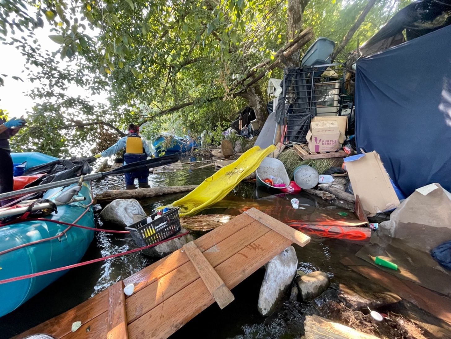 In this September 2021 photo provided by Willamette Riverkeeper, volunteers help remove trash from the Upper Willamette River outside Eugene.