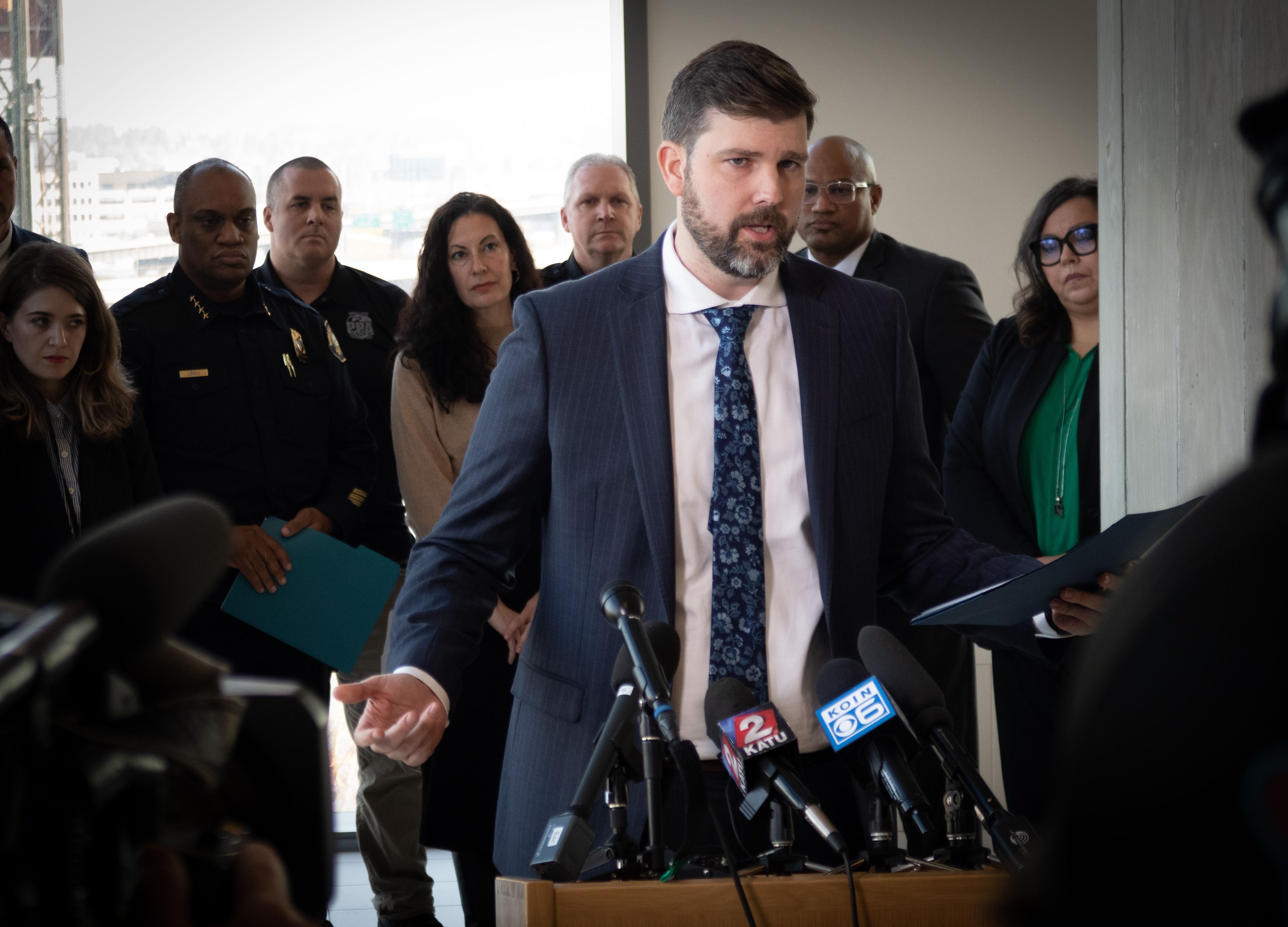 FILE - Multnomah County District Attorney Mike Schmidt speaking at a press conference at the Multnomah County Courthouse in Portland, Ore., on Dec. 14, 2022.