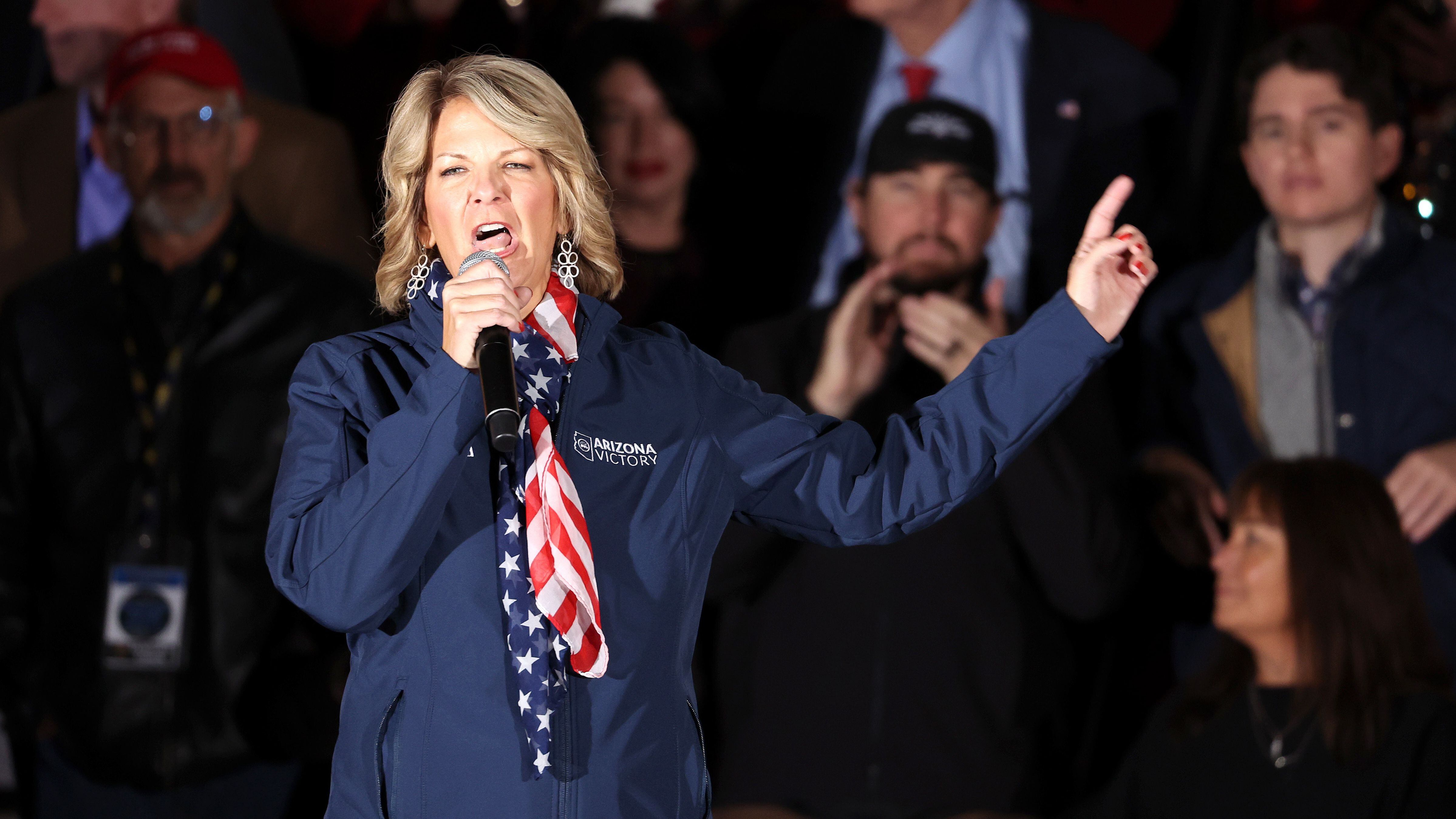 Then-Arizona Republican Party Chair Kelli Ward is seen at a rally on Nov. 7, 2022 in Prescott, Ariz. Ward has now been indicted on state charges for her role as a so-called 