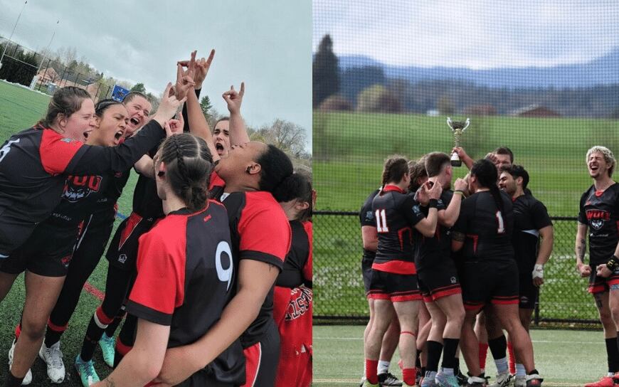 Western Oregon University women's and men's rugby teams celebrating after qualifying for nationals.