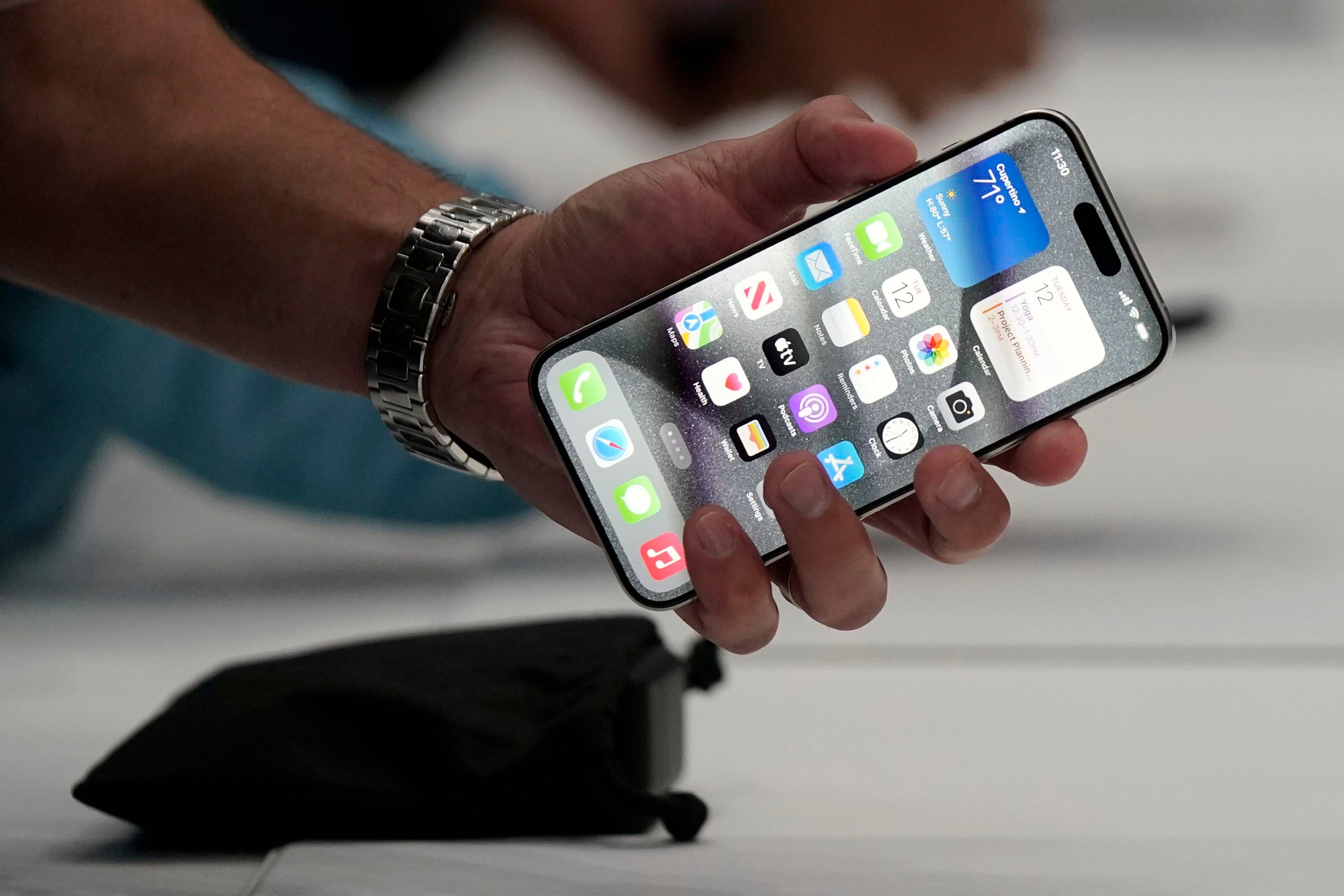 FILE: The iPhone 15 Pro is shown after its introduction on the Apple campus, Sept. 12, 2023, in Cupertino, Calif. Companies like Apple that make cellphones and other consumer electronics will soon be required to provide the tools and know-how to repair those devices to people in Oregon.