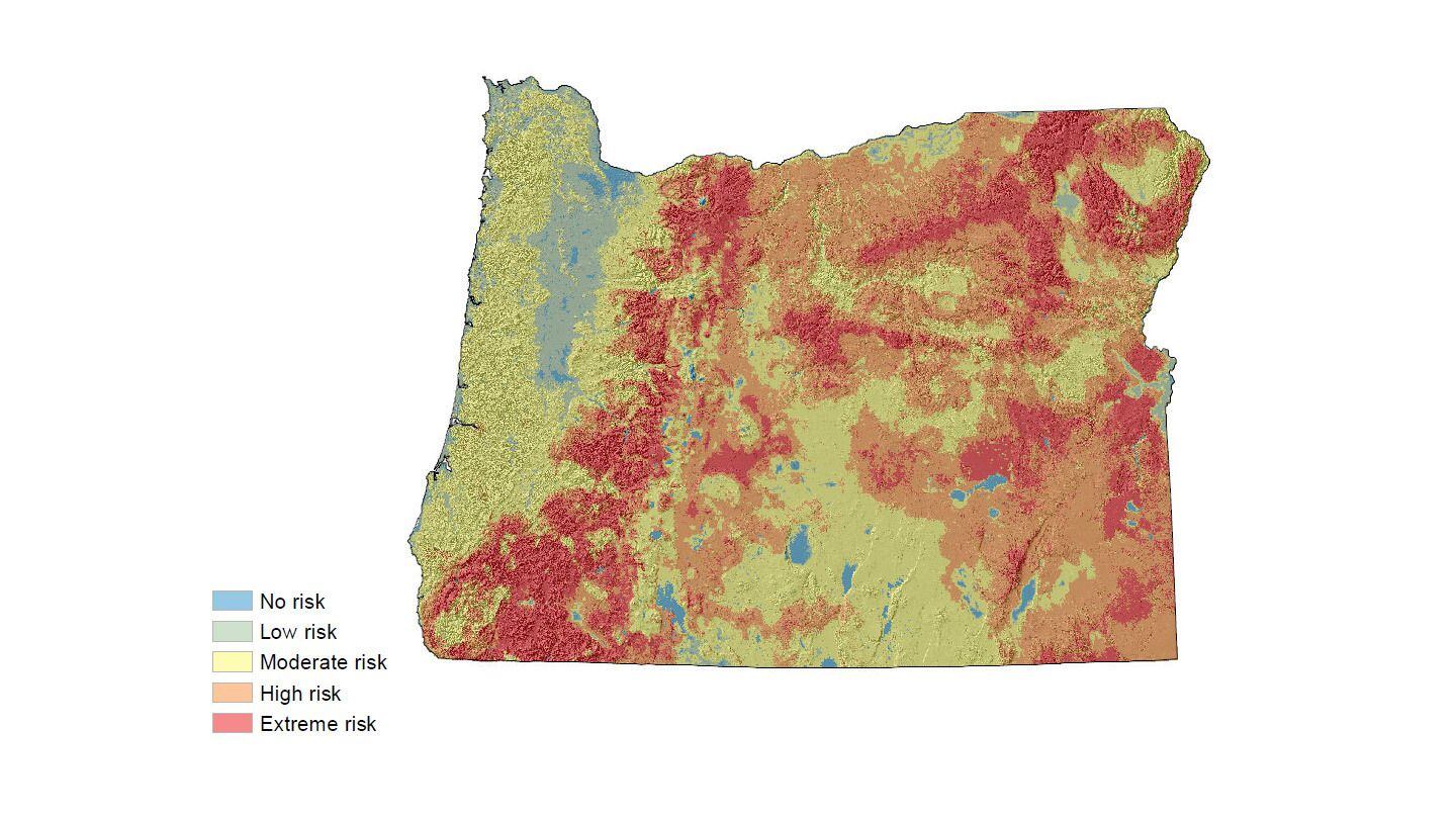 The Oregon Wildfire Risk Explorer map, created by Oregon State University as part of a new wildfire policy directed by Senate Bill 762, outlines wildfire risk at the property ownership level across the state.