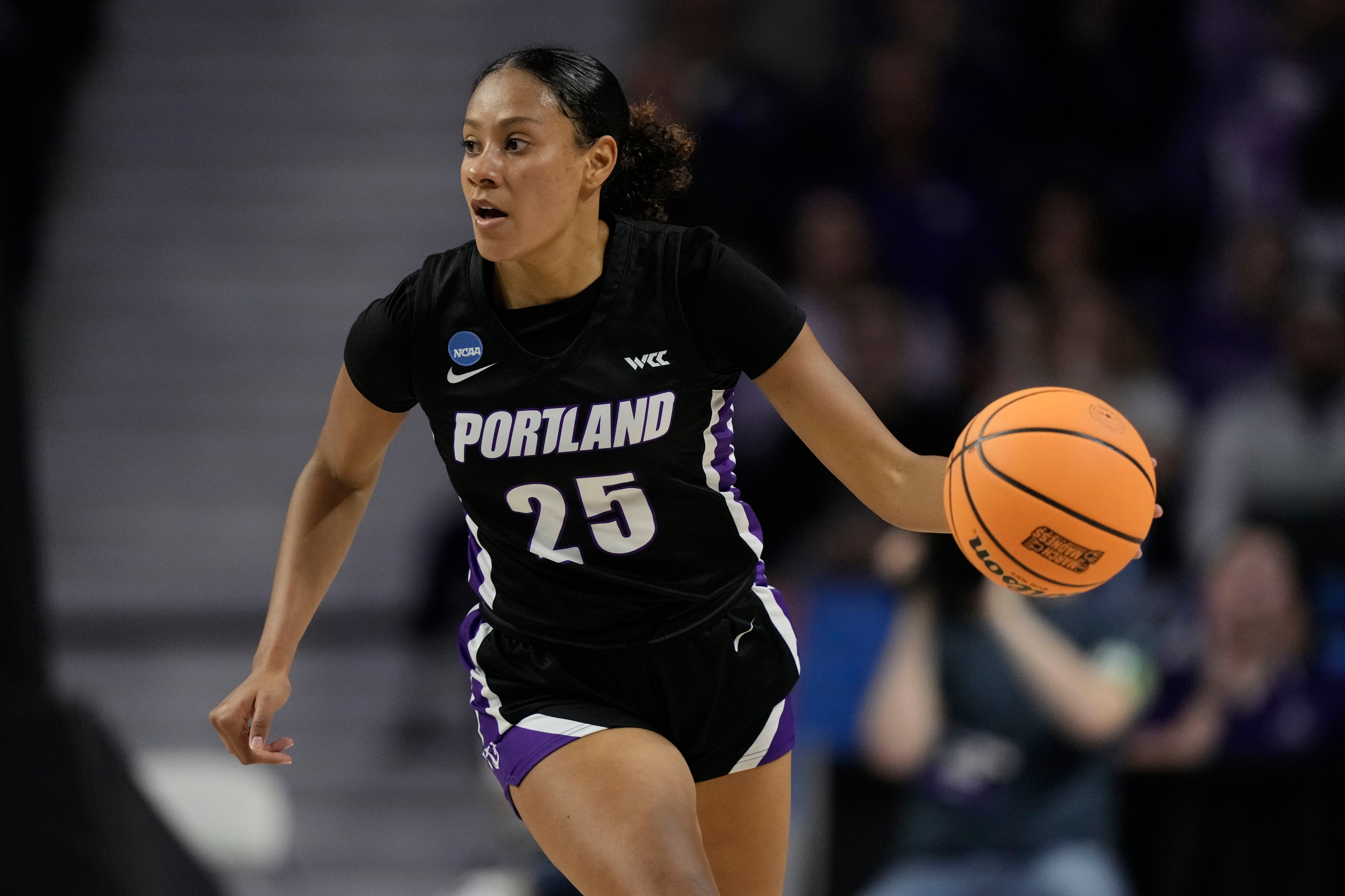 Portland guard Kianna Hamilton drives during the second half of a first-round college basketball game against Kansas State in the women's NCAA Tournament in Manhattan, Kan., Friday, March 22, 2024.