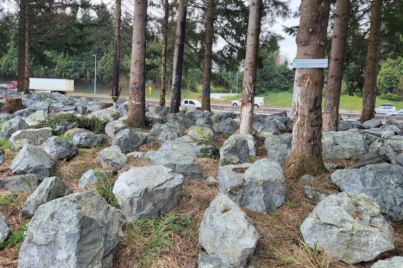 Washington officials placed large boulders to prevent people from returning to an area of a former homeless encampment along Interstate 5 near Olympia. 