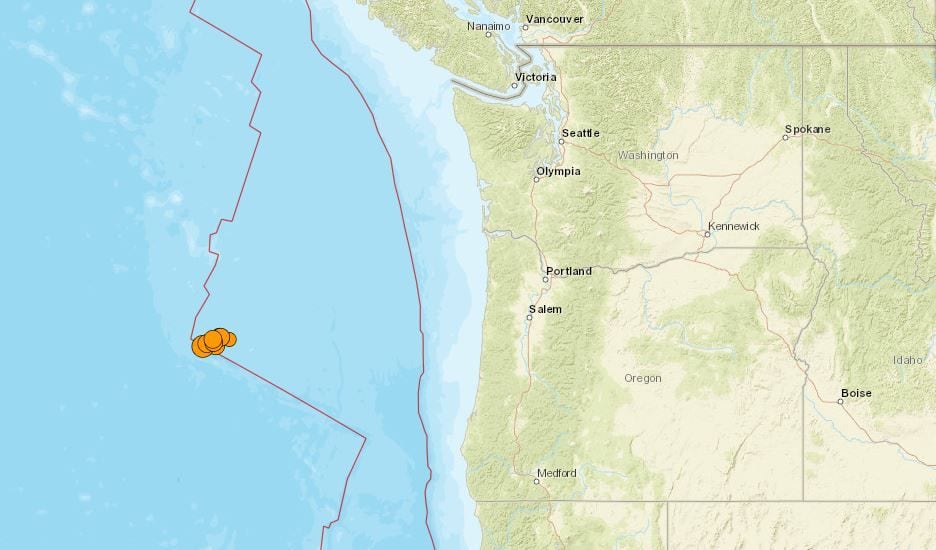 Courtesy of USGS: Several small quakes registered off the Oregon Coast on Wednesday, June 15, 2022.